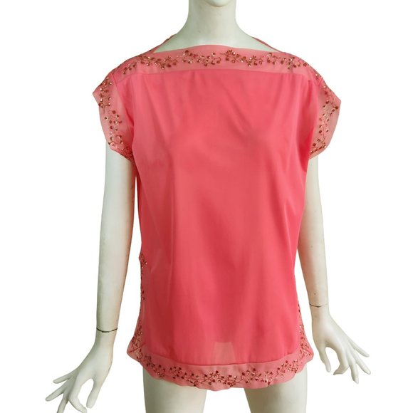 Vintage 70s VANITY FAIR Pajama Lounge Nylon Tunic Top Embroidered Sheer Trim S/M - Picture 1 of 8